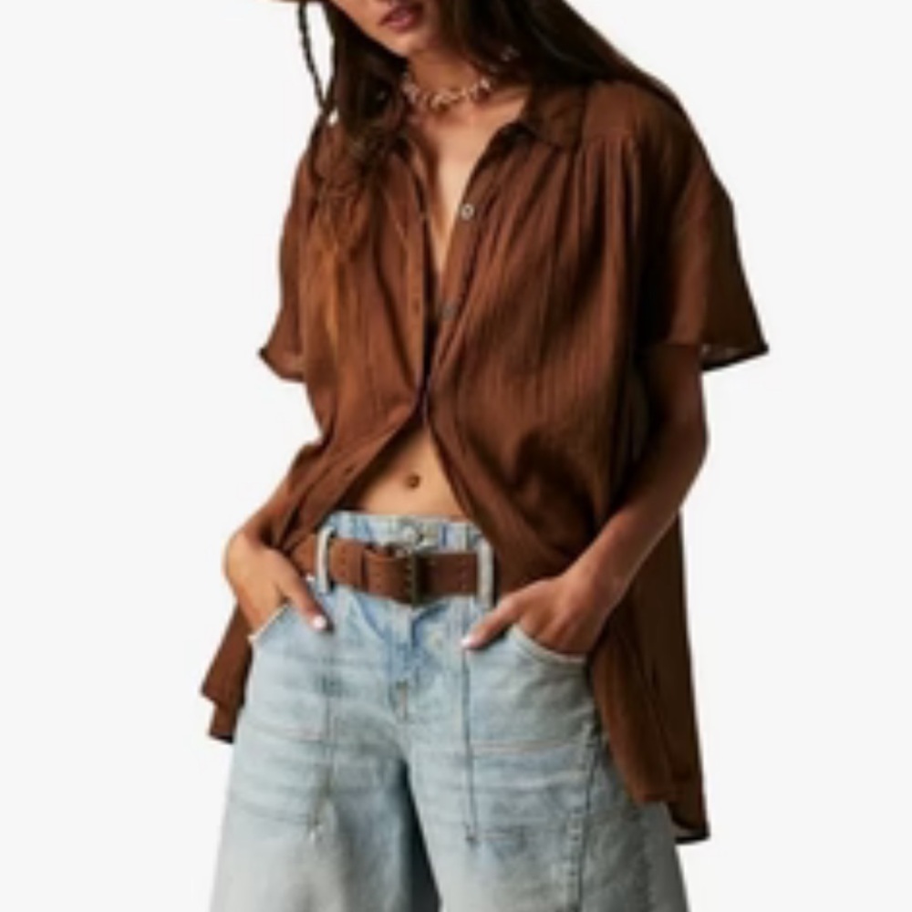 Free People Float Away Button Down Cotton Shirt Neutral Beachy Oversized Blouse - Picture 5 of 13